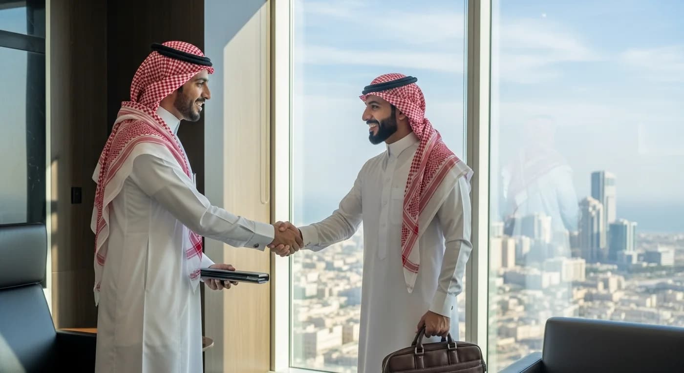 مصافحة بين شريكين في مكتب مطل على المدينة